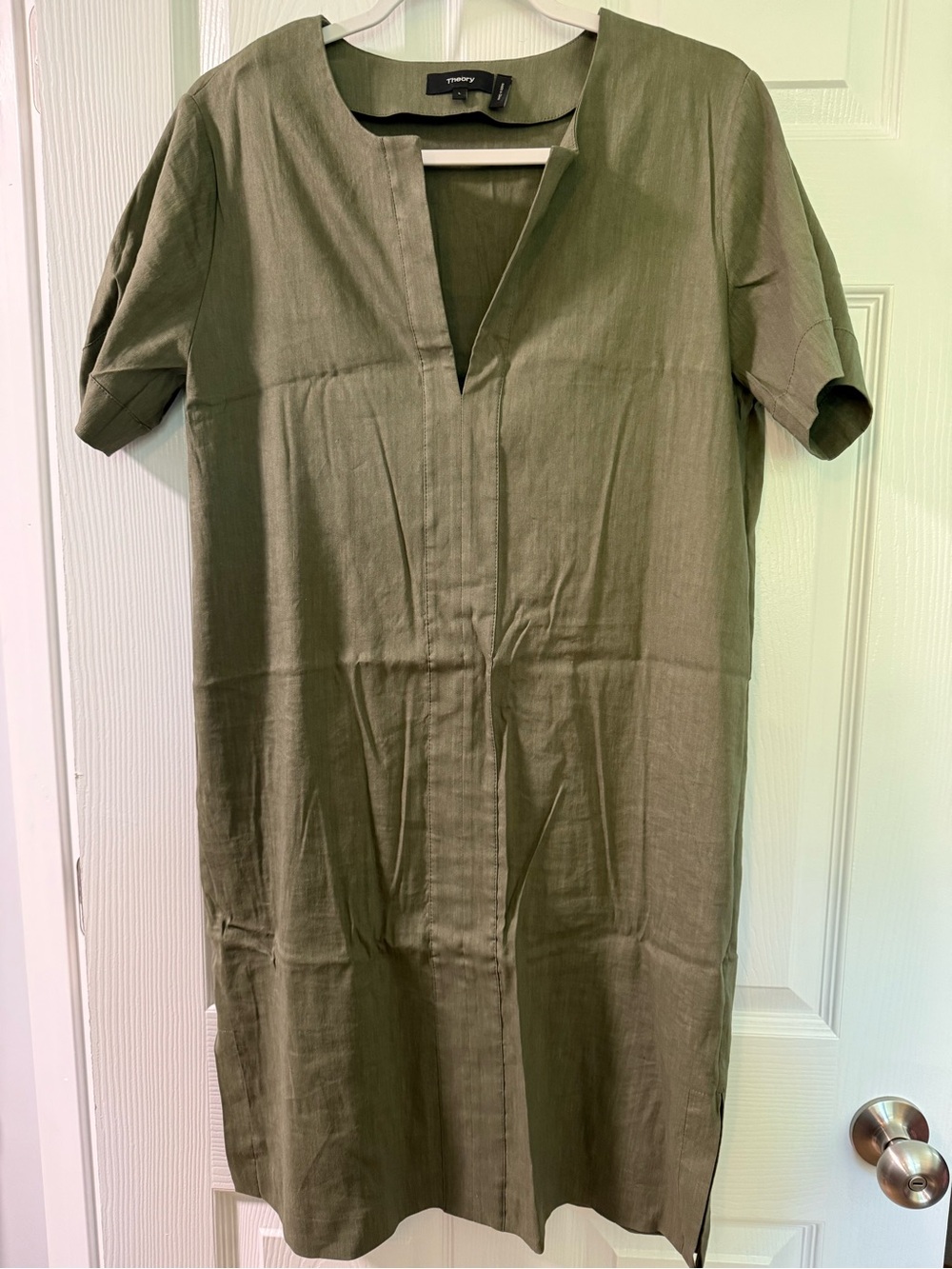 Theory Olive Green Short-Sleeve Shift Dress SZ L